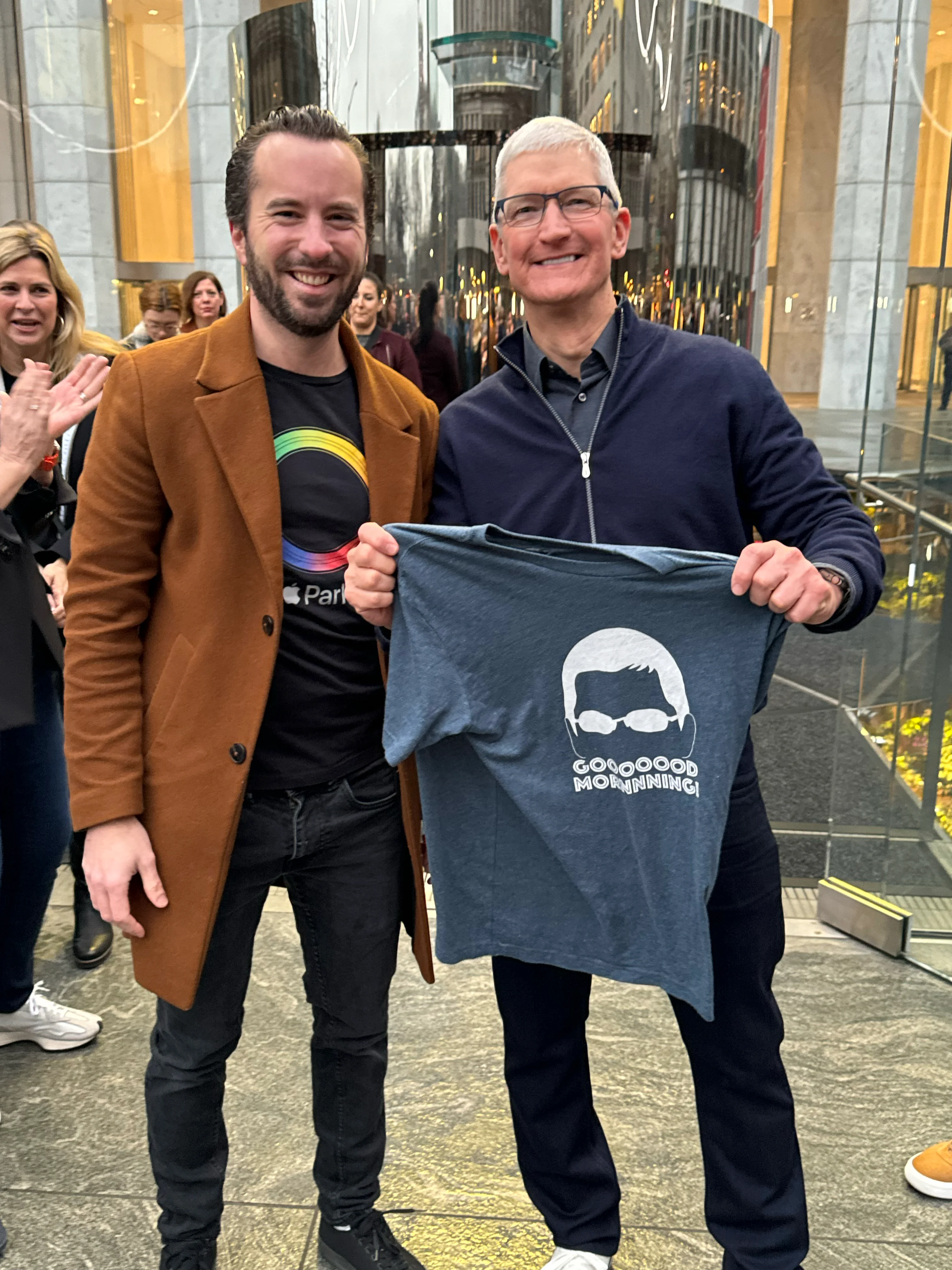 Tim Cook hugging me after accepting the t-shirt